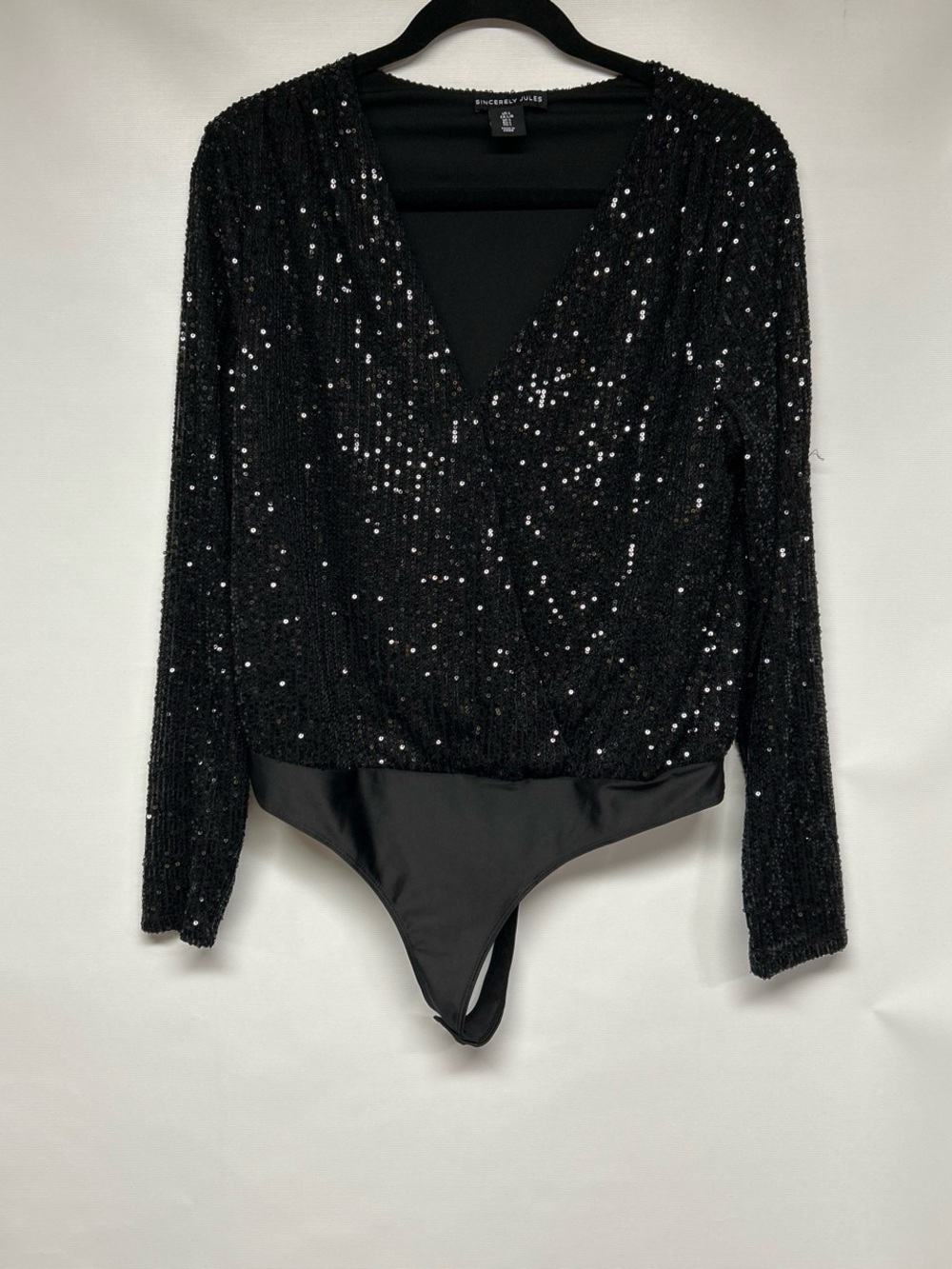Sincerely Jules Black Sequin V-Neck Long Sleeve Bodysuit